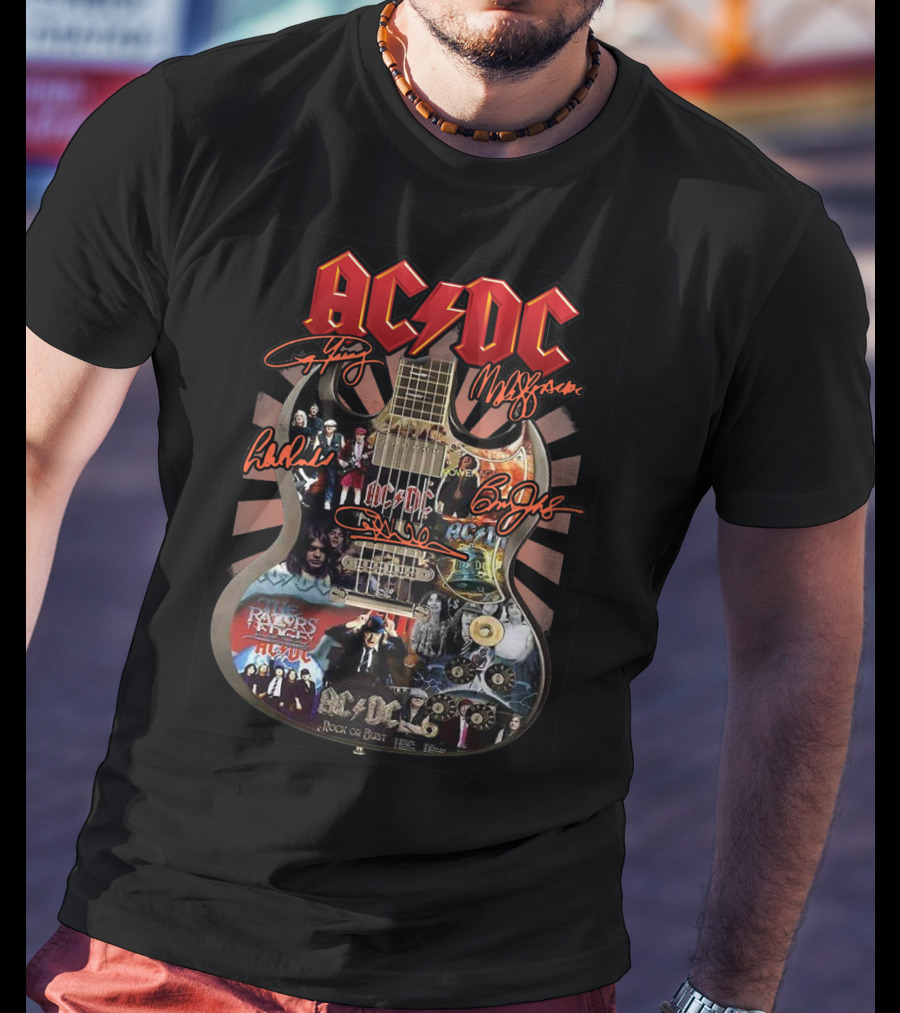 Ac Dc Rock Or Bust Collage Guitar With Autographs And Album Covers T-Shirt