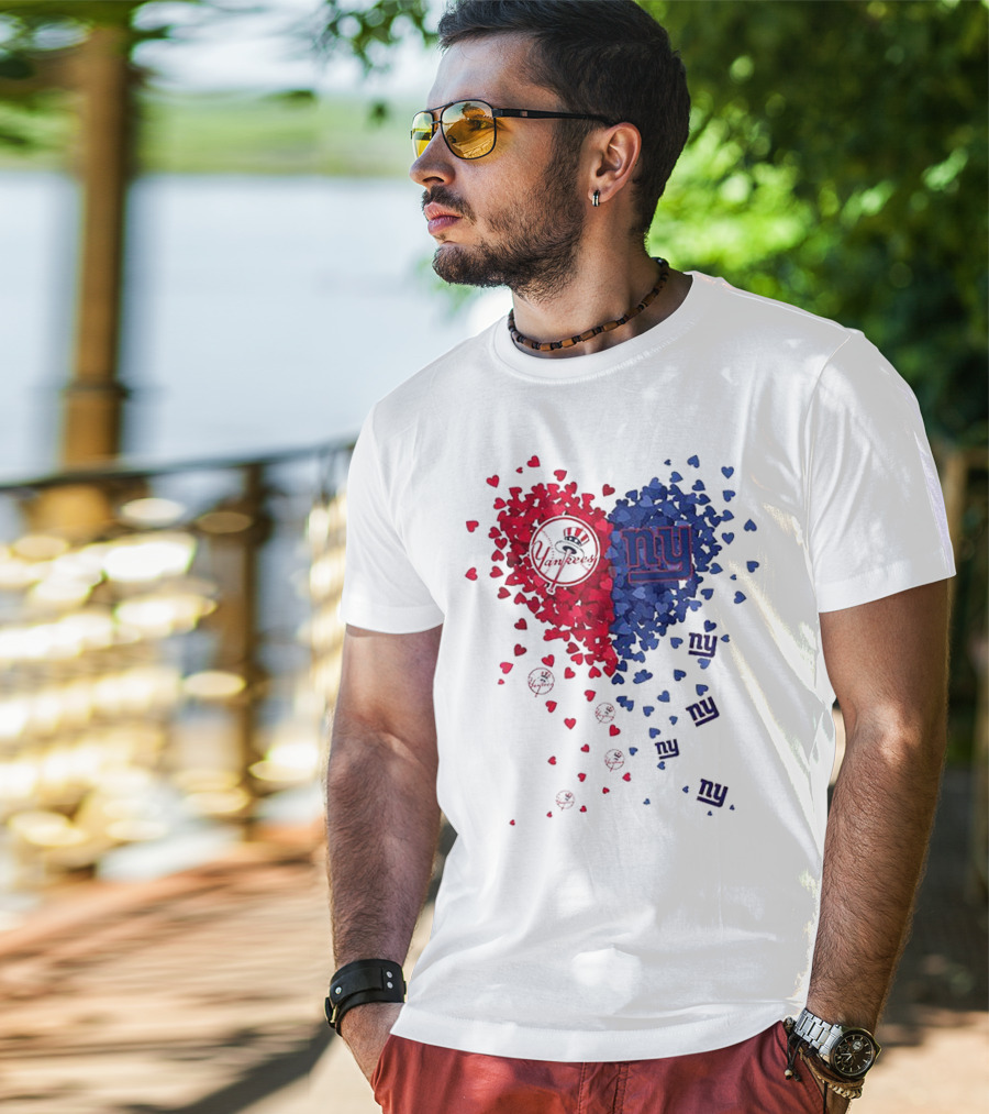 New York Yankees Giants Heart Shaped Logos With Red And Blue Hearts T-Shirt
