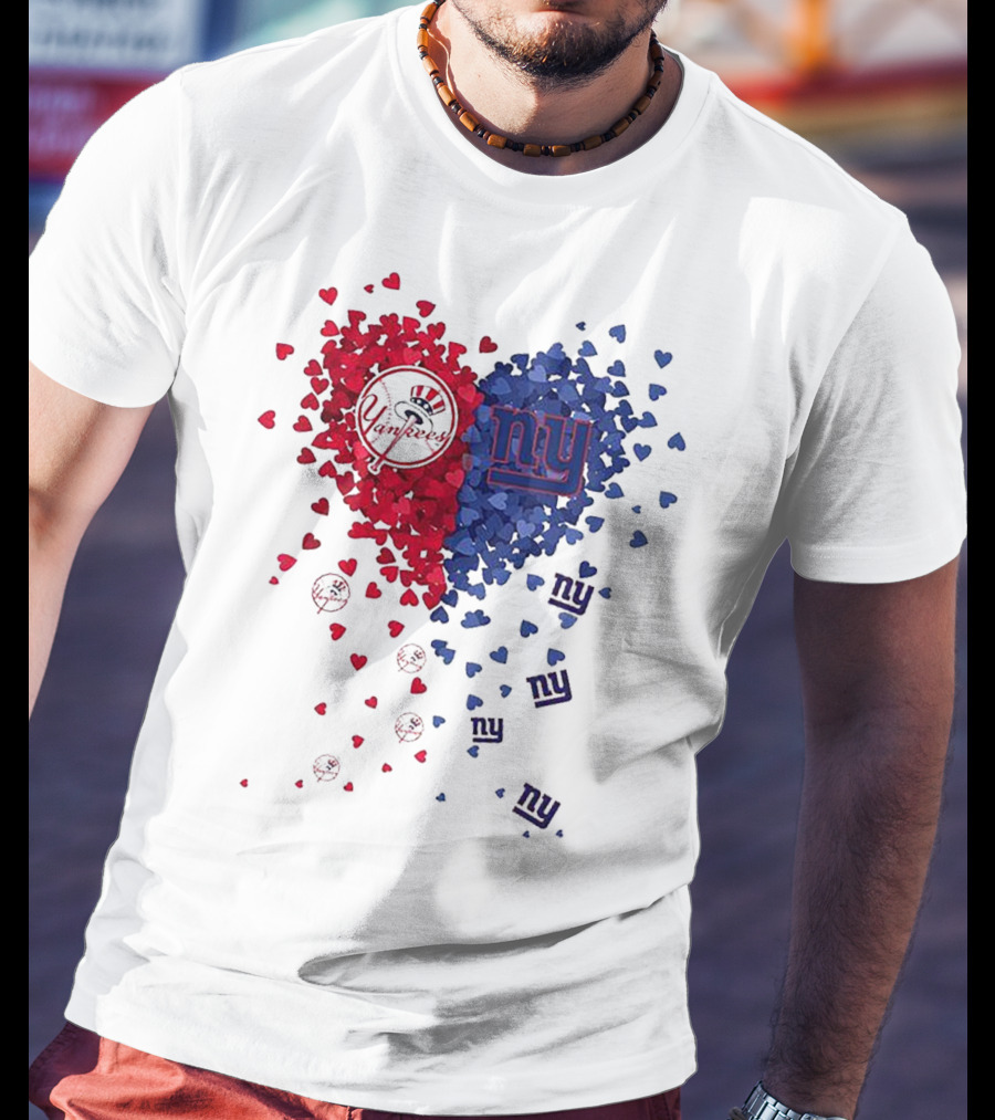 New York Yankees Giants Heart Shaped Logos With Red And Blue Hearts T-Shirt