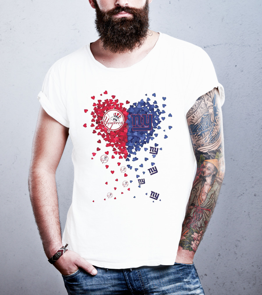New York Yankees Giants Heart Shaped Logos With Red And Blue Hearts T-Shirt