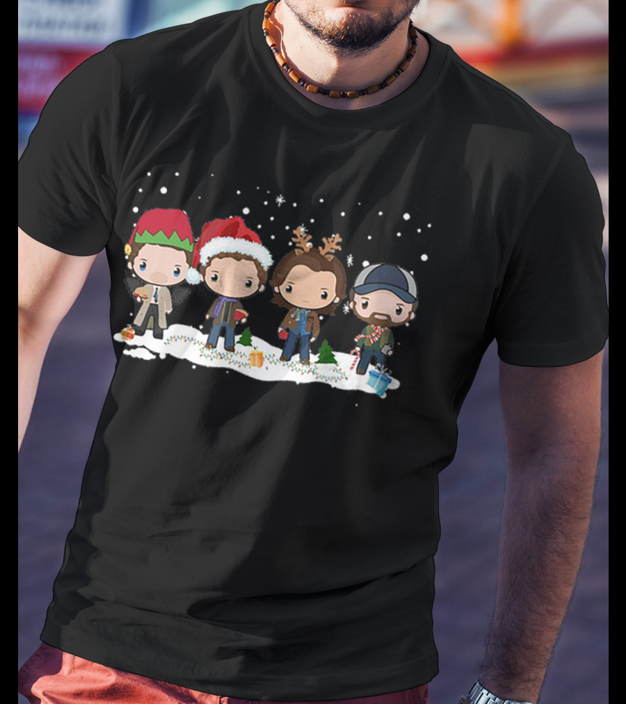 Supernatural Holiday Chibi Characters With Christmas Hats And Snow Scene T-Shirt