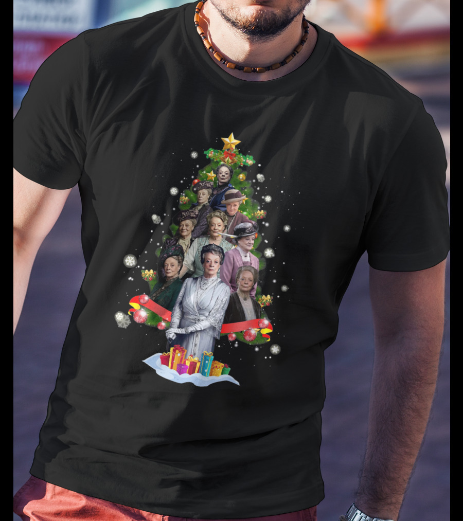 Violet Crawley Christmas Tree Character Montage With Holiday Decorations And Gifts T-Shirt