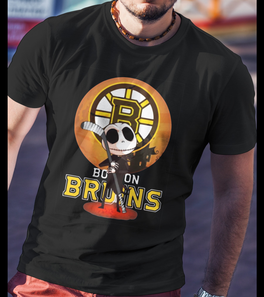 Boston Bruins Jack Skellington Holding Hockey Stick T-Shirt