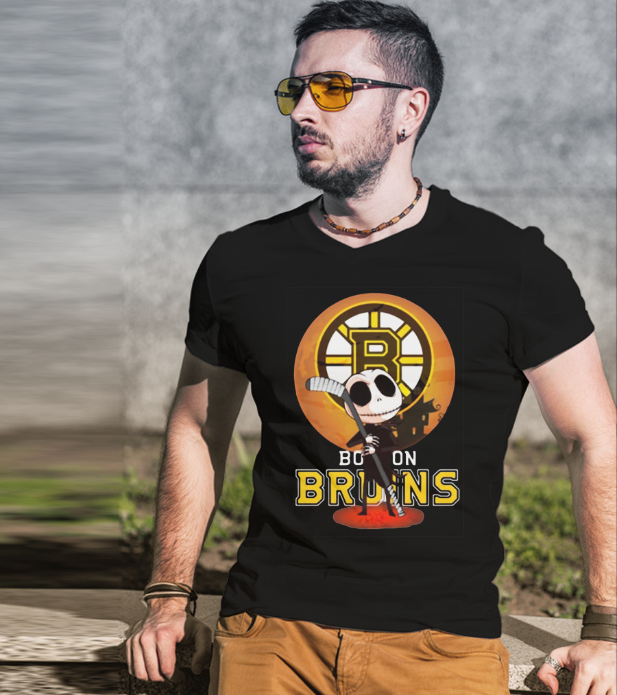Boston Bruins Jack Skellington Holding Hockey Stick T-Shirt
