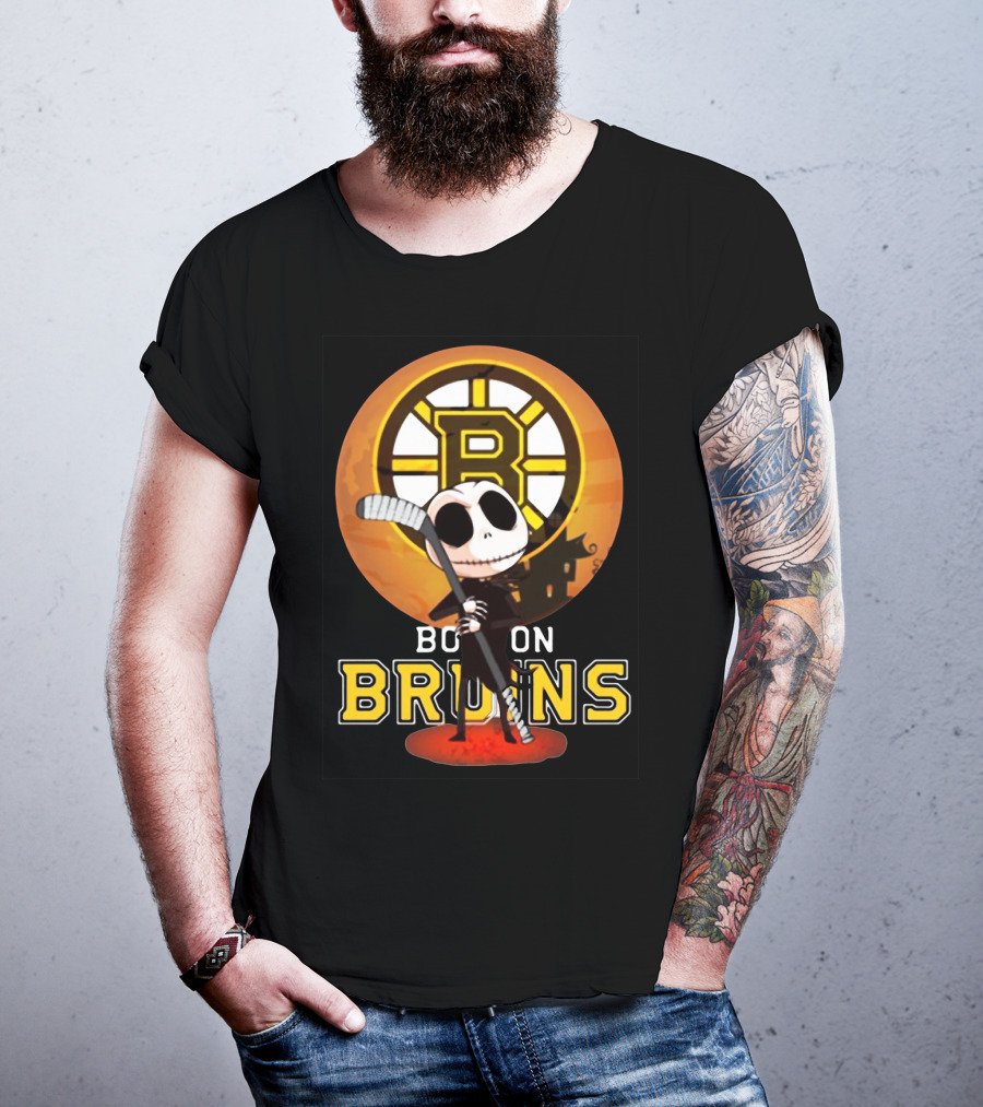 Boston Bruins Jack Skellington Holding Hockey Stick T-Shirt