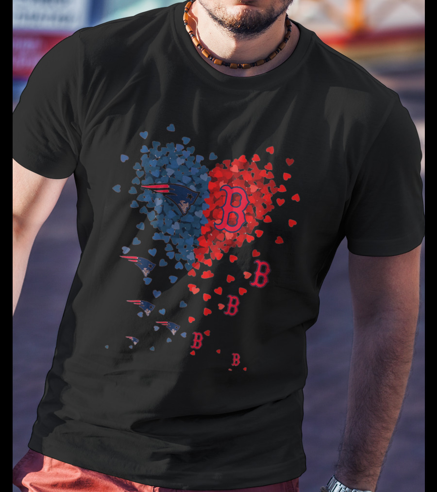 I Love New England Patriots Hearts Boston Red Sox Hearts T-Shirt