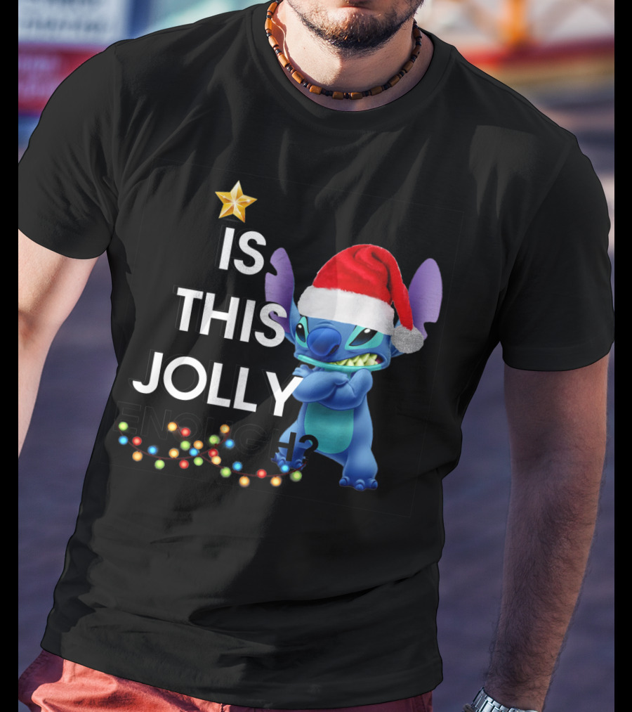 Is This Jolly Enough? Stitch With Santa Hat And Christmas Lights T-Shirt