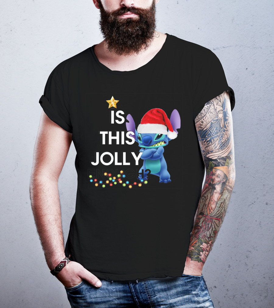 Is This Jolly Enough? Stitch With Santa Hat And Christmas Lights T-Shirt