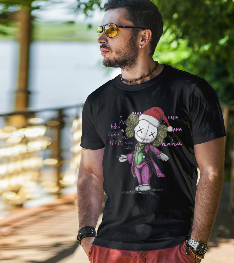Santa Joker Kaws Haha Clown Character In Festive Hat With Laughing Text T-Shirt