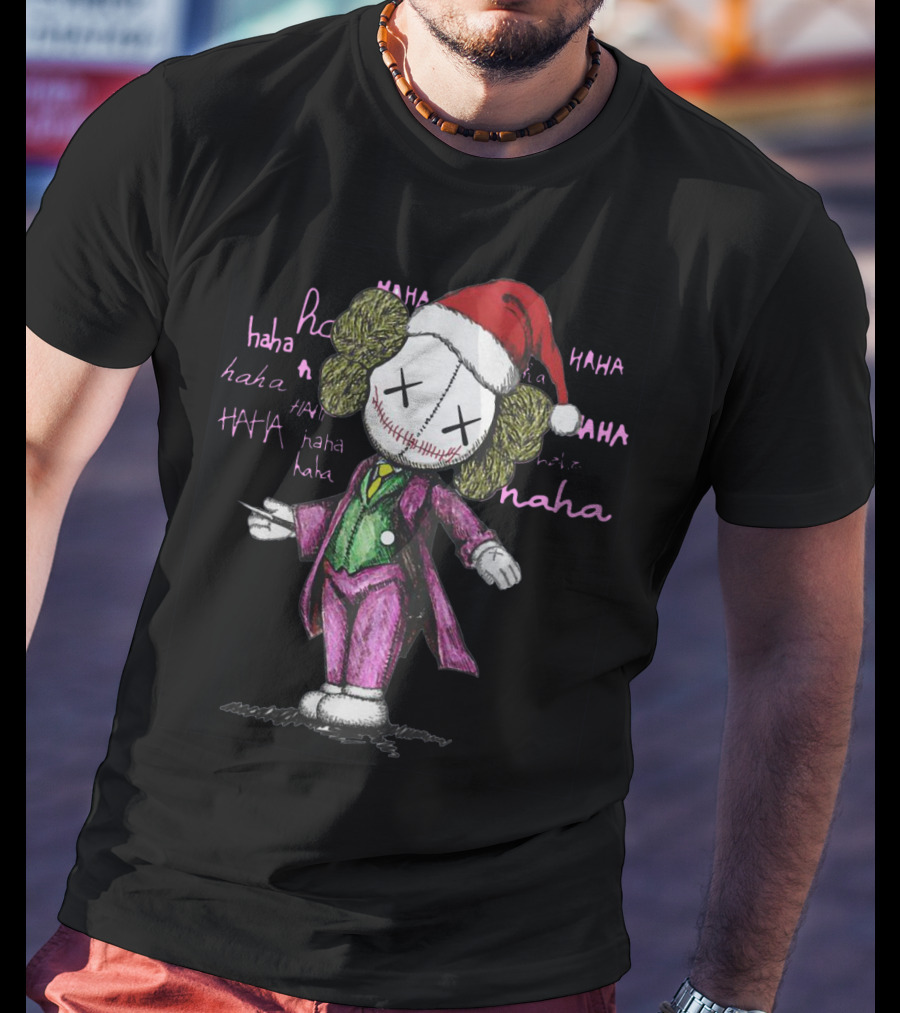 Santa Joker Kaws Haha Clown Character In Festive Hat With Laughing Text T-Shirt