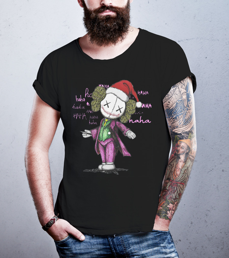Santa Joker Kaws Haha Clown Character In Festive Hat With Laughing Text T-Shirt