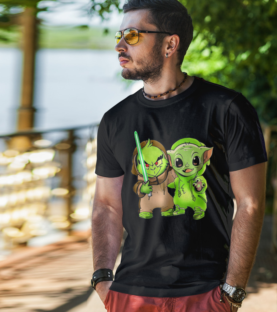 Baby Yoda And Baby Grinch Lightsaber Duo T-Shirt