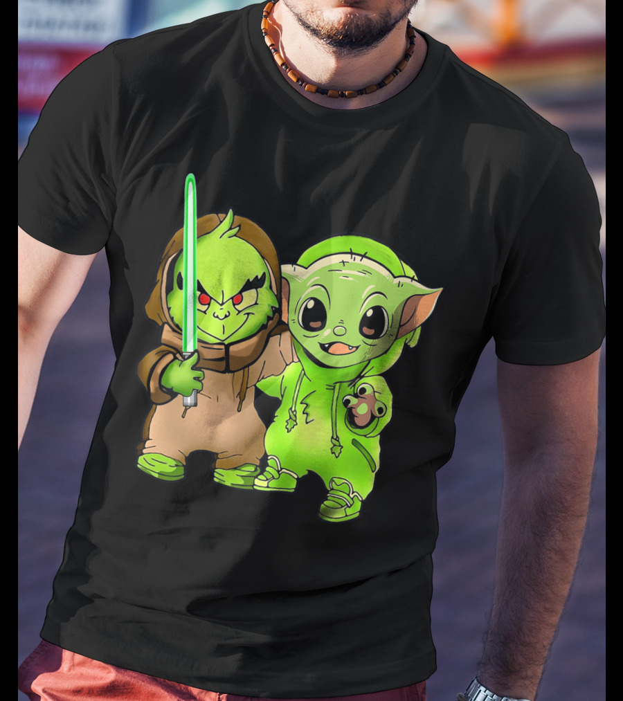 Baby Yoda And Baby Grinch Lightsaber Duo T-Shirt