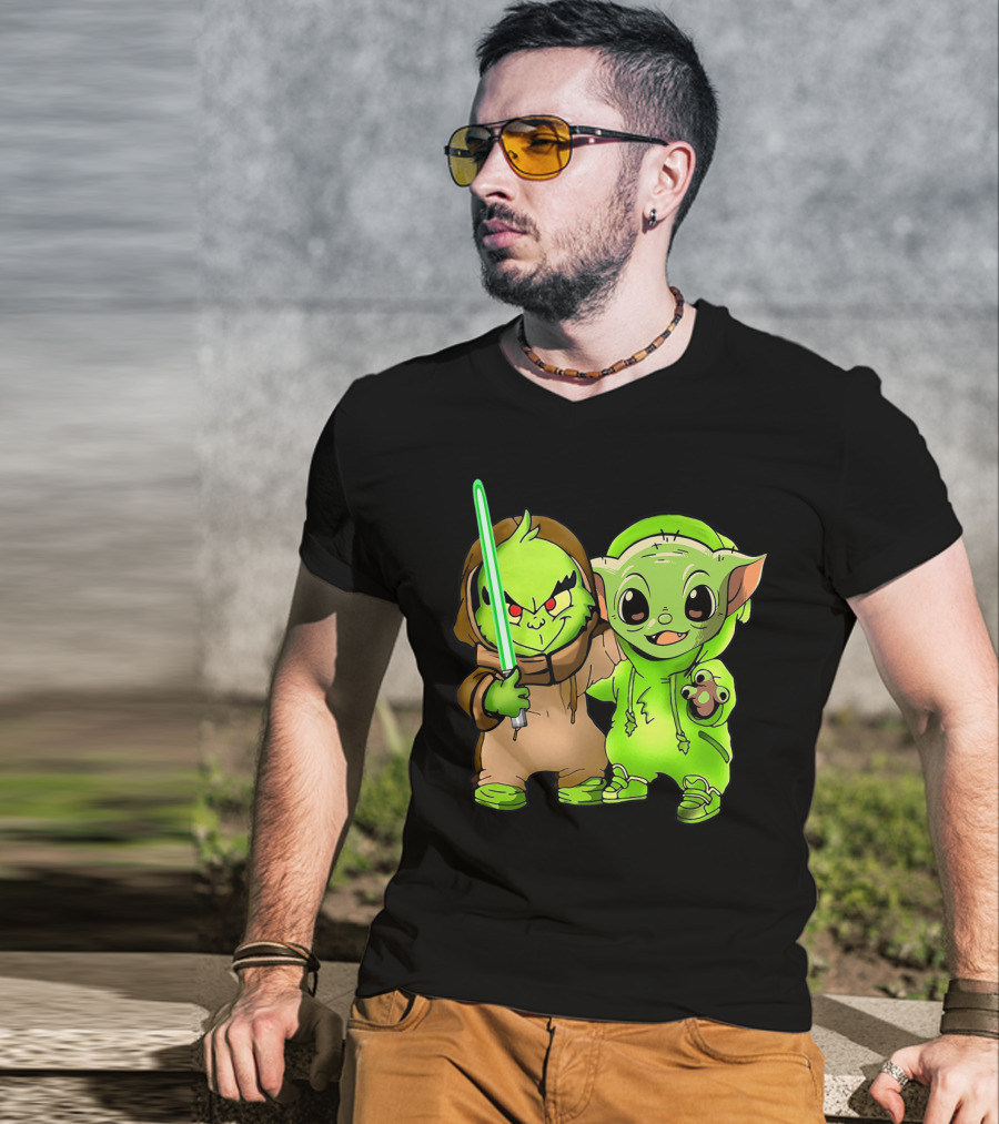 Baby Yoda And Baby Grinch Lightsaber Duo T-Shirt