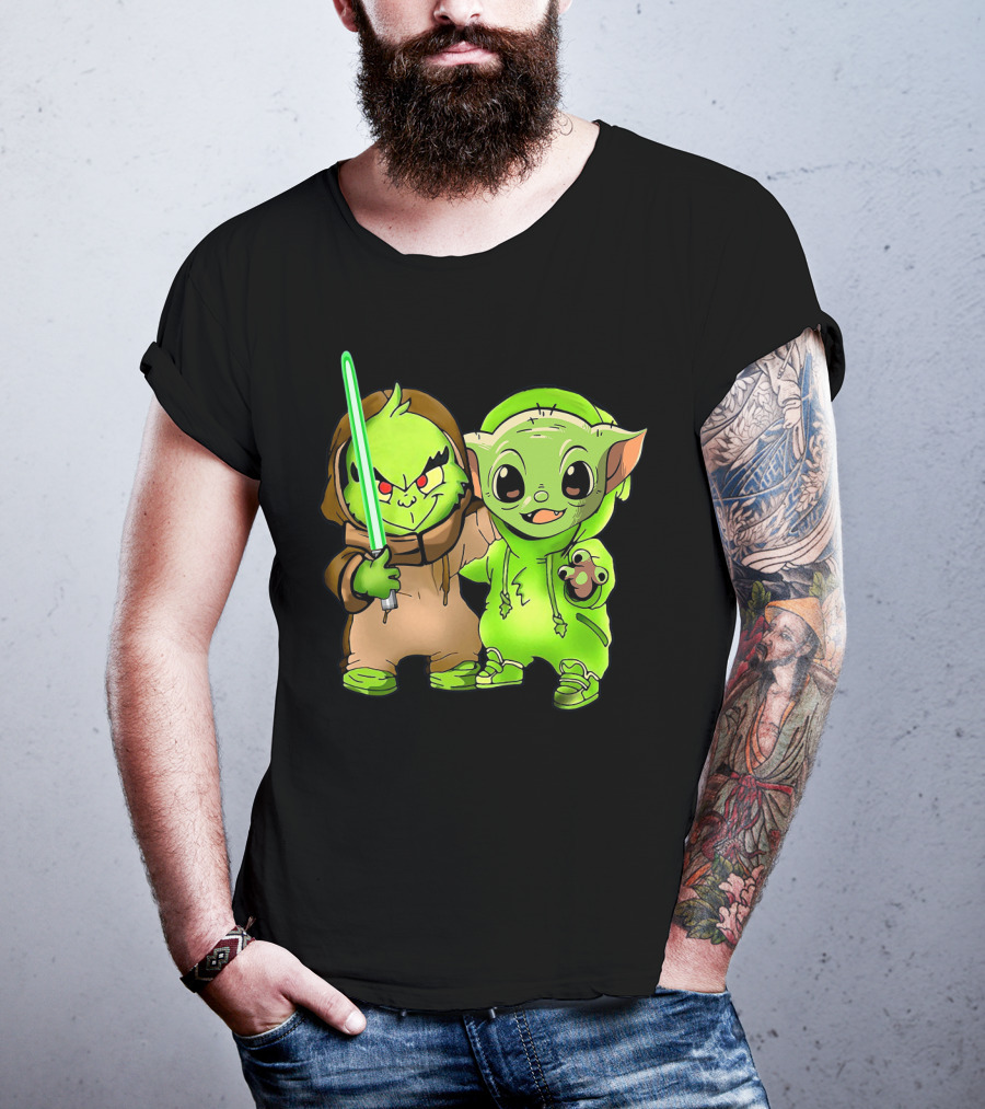 Baby Yoda And Baby Grinch Lightsaber Duo T-Shirt