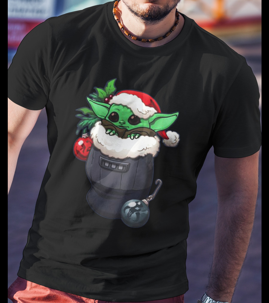 Baby Yoda Christmas Santa Hat Stocking With Ornaments T-Shirt