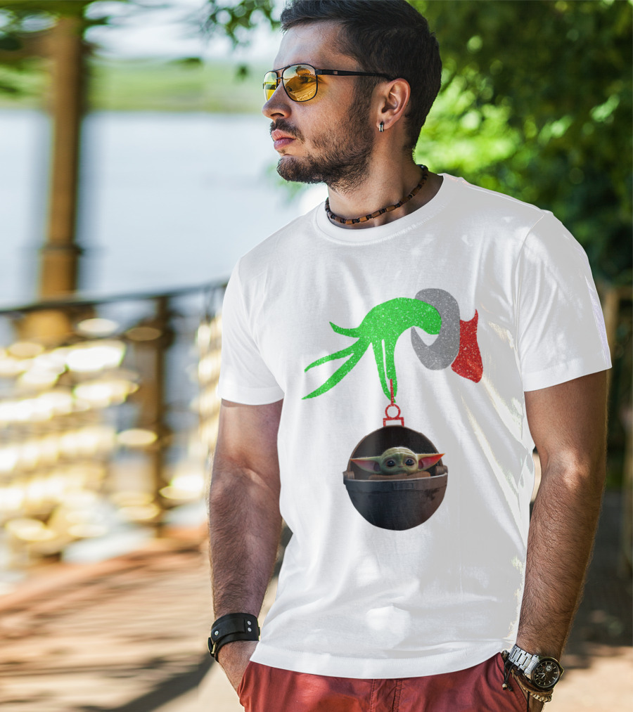Grinch Hand Glitter Holding Baby Yoda T-Shirt