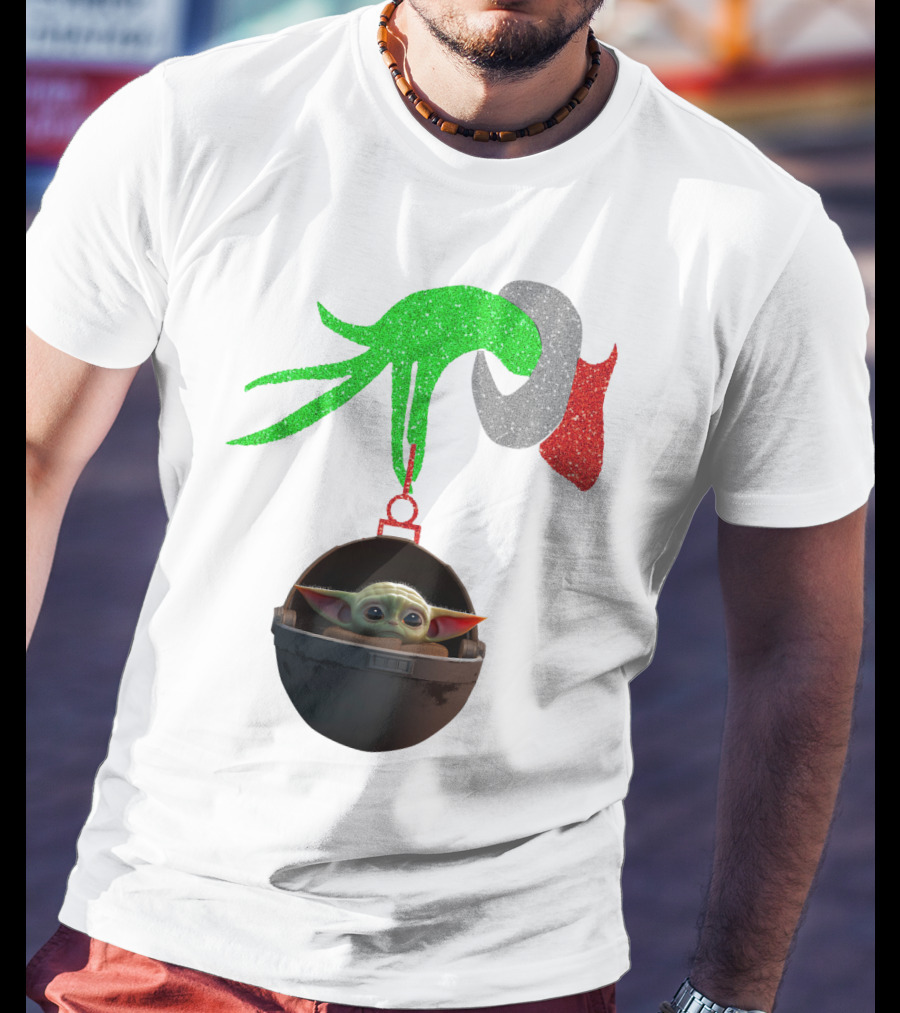 Grinch Hand Glitter Holding Baby Yoda T-Shirt