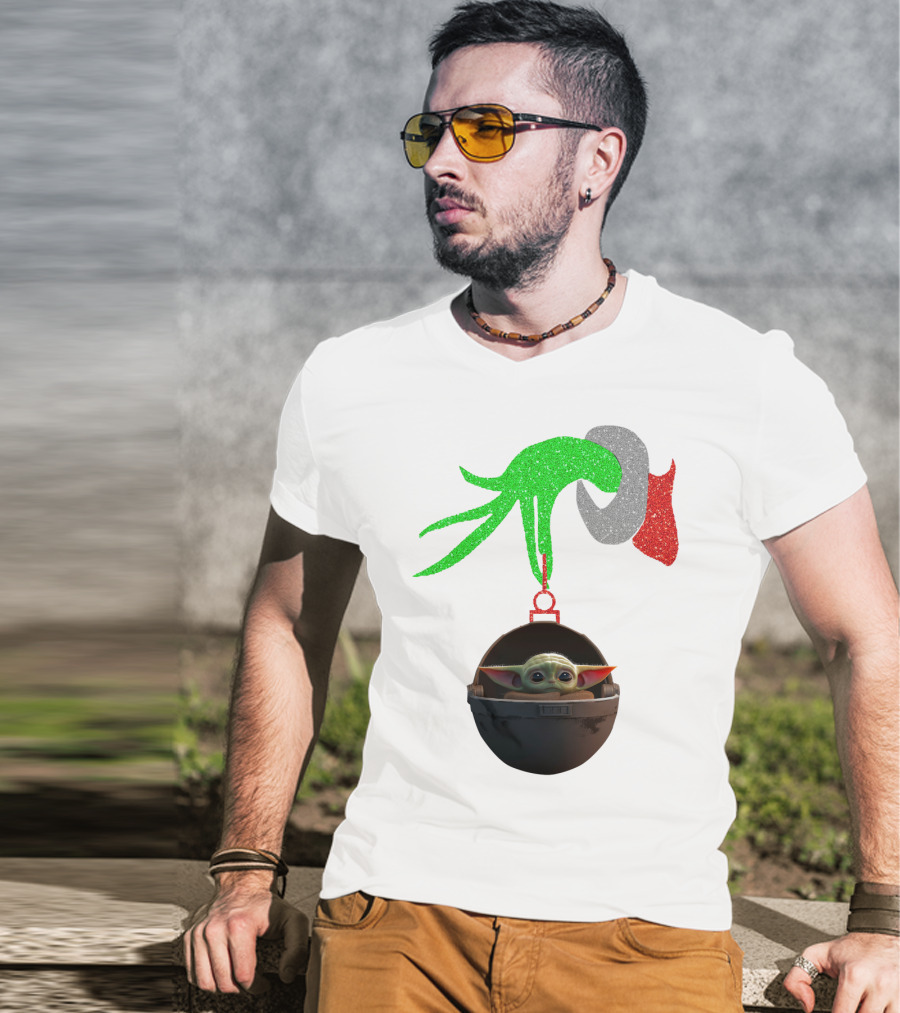 Grinch Hand Glitter Holding Baby Yoda T-Shirt