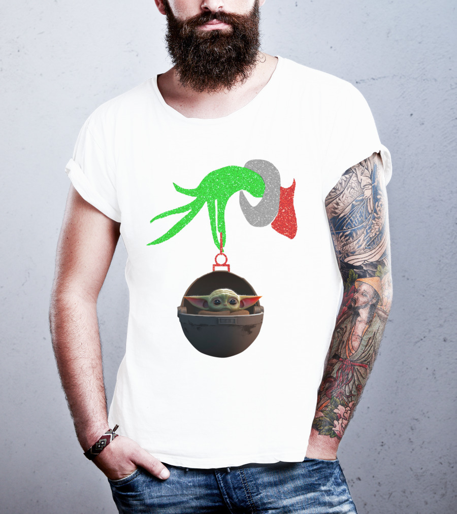 Grinch Hand Glitter Holding Baby Yoda T-Shirt