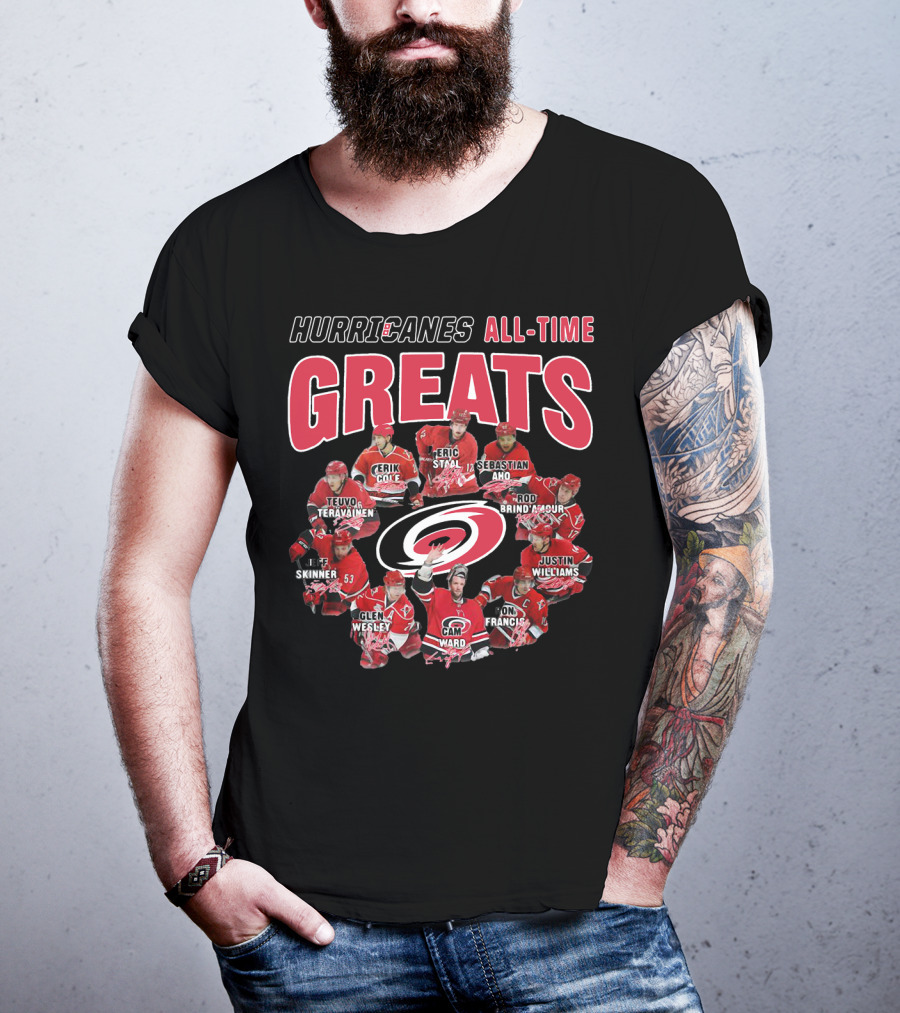 Hurricanes All-Time Greats Teuvo Teravainen Erik Cole Eric Staal Sebastian Aho Skinner Glen Wesley Cam Ward Rod Brind'amour Justin Williams Ron Francis T-Shirt