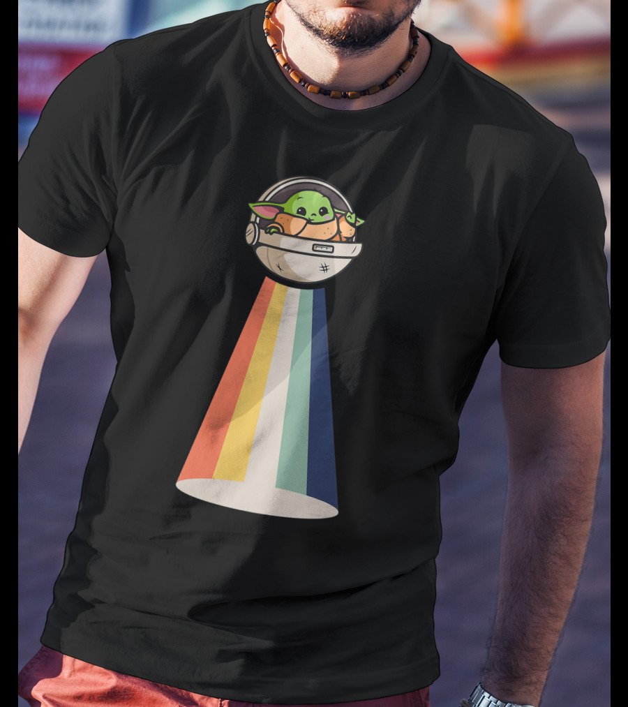 Baby Yoda Spaceship Rainbow Glow T-Shirt
