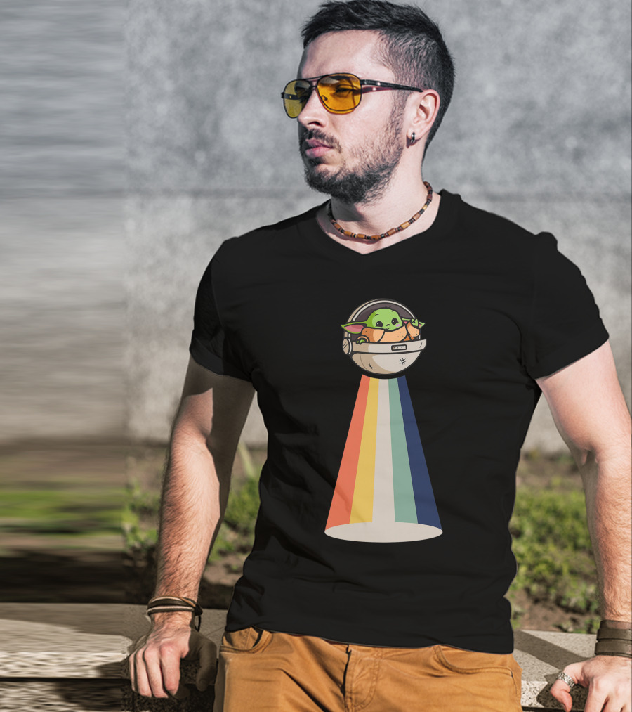 Baby Yoda Spaceship Rainbow Glow T-Shirt