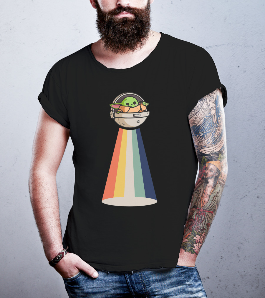 Baby Yoda Spaceship Rainbow Glow T-Shirt