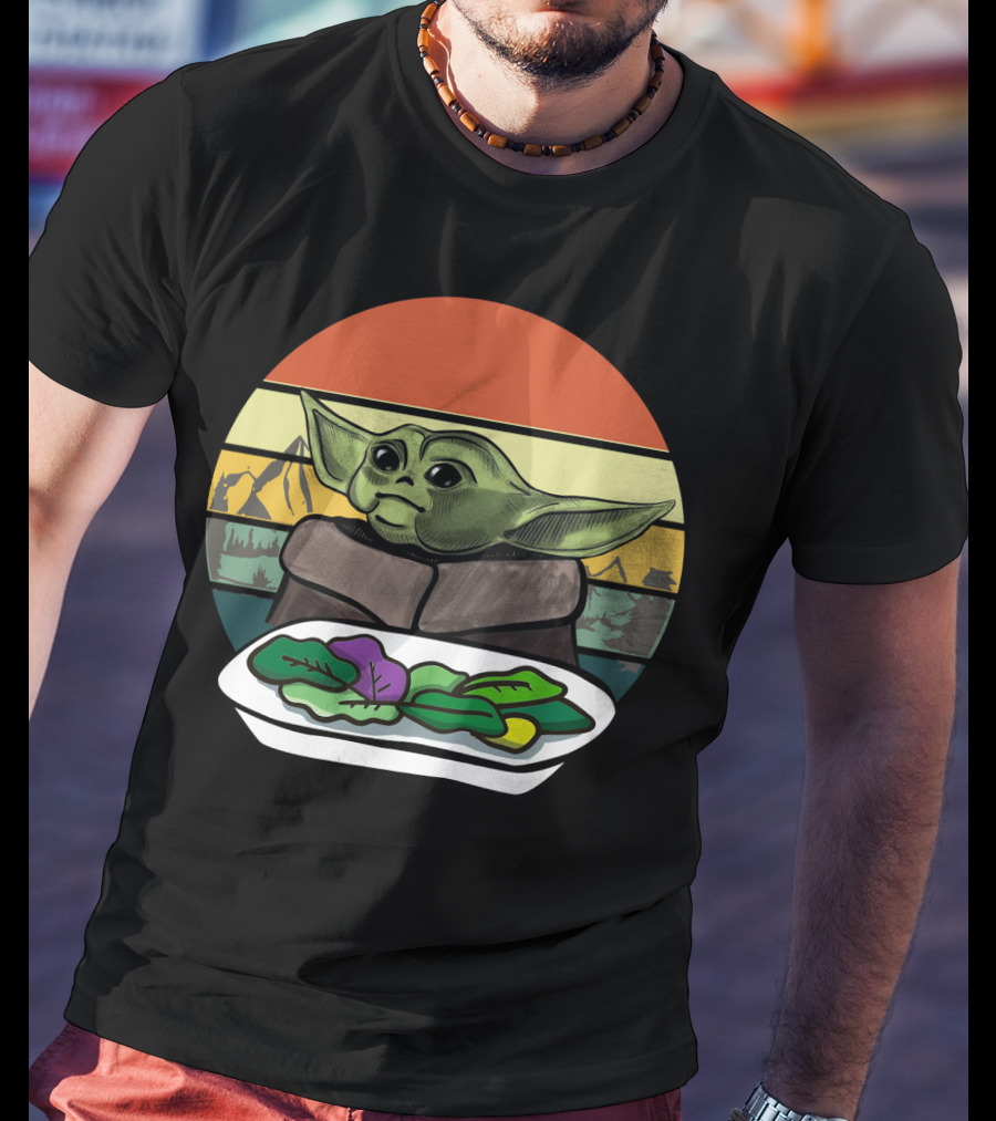 Baby Yoda Yelling At The Table Mountains 70s Sunset Forest T-Shirt