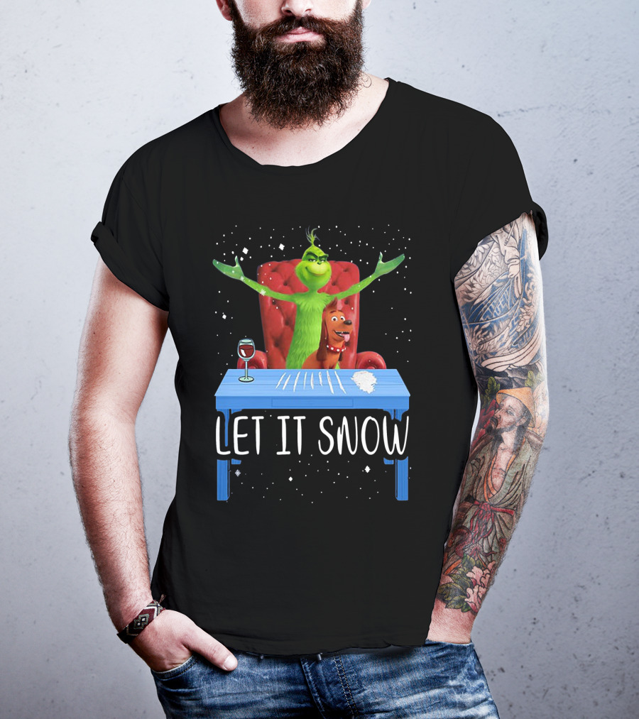Let It Snow Grinch And Max At Table With Wine And Snowflakes T-Shirt