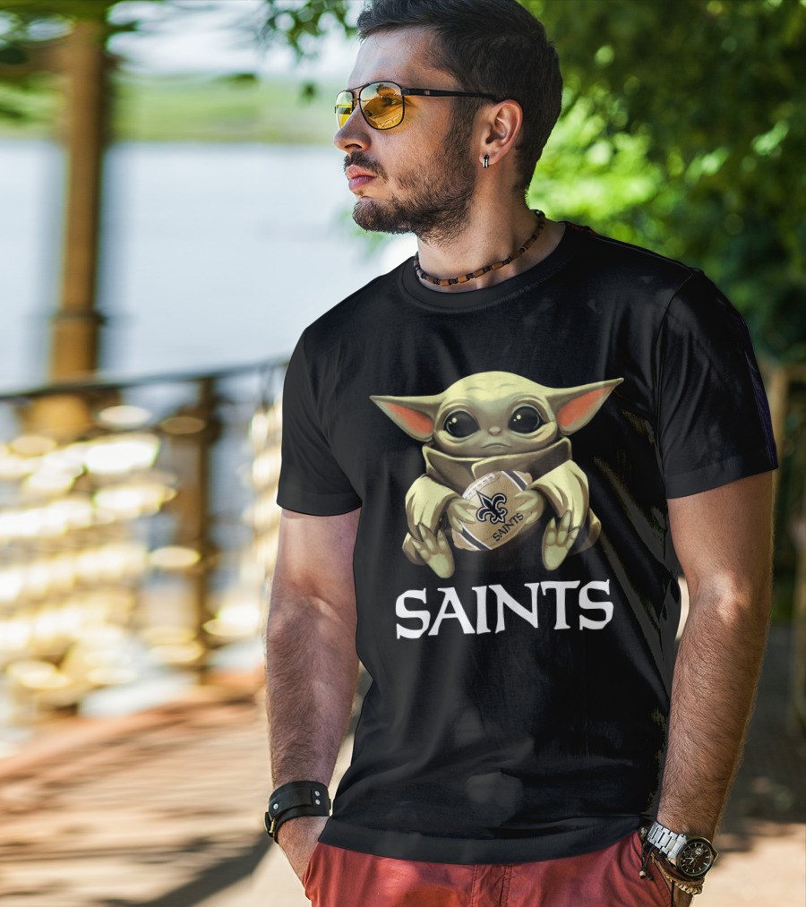 Baby Yoda Holding New Orleans Saints Football T-Shirt