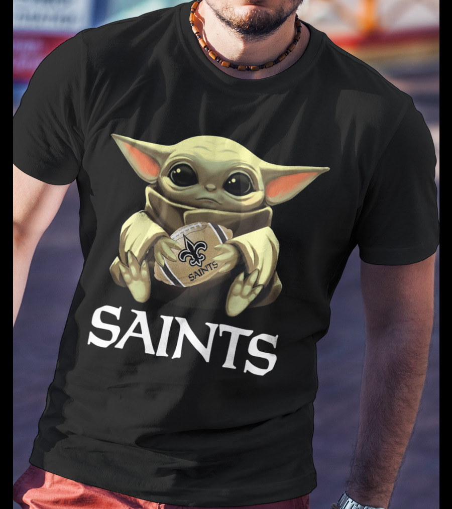 Baby Yoda Holding New Orleans Saints Football T-Shirt
