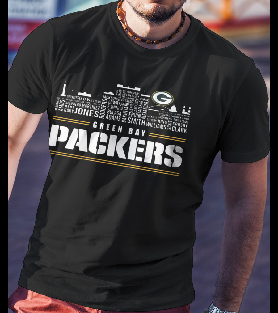 Green Bay Packers City Skyline Logo Jones Adams Clark T-Shirt
