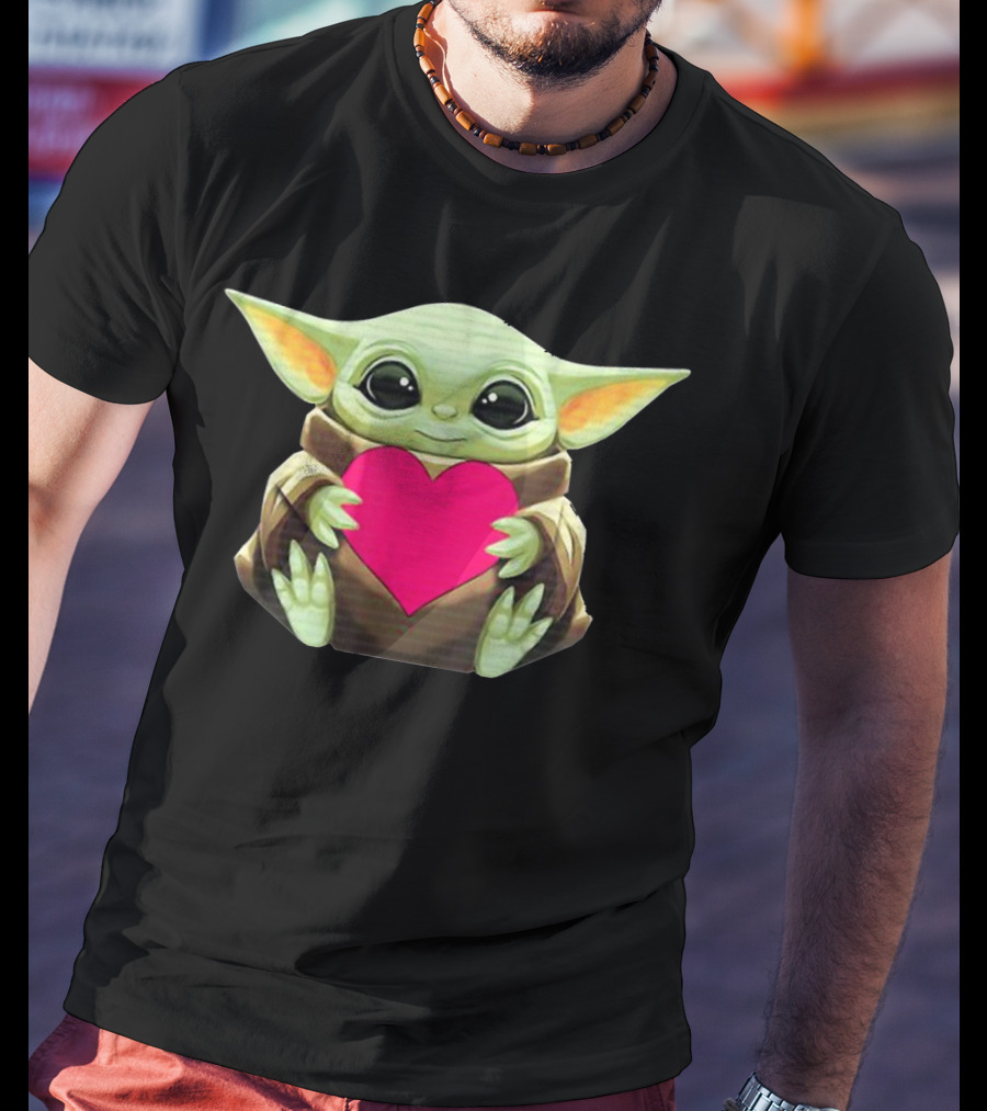 Valentine's Day Baby Y.O.D.A Heart With Cute Green Character Holding Pink Heart T-Shirt