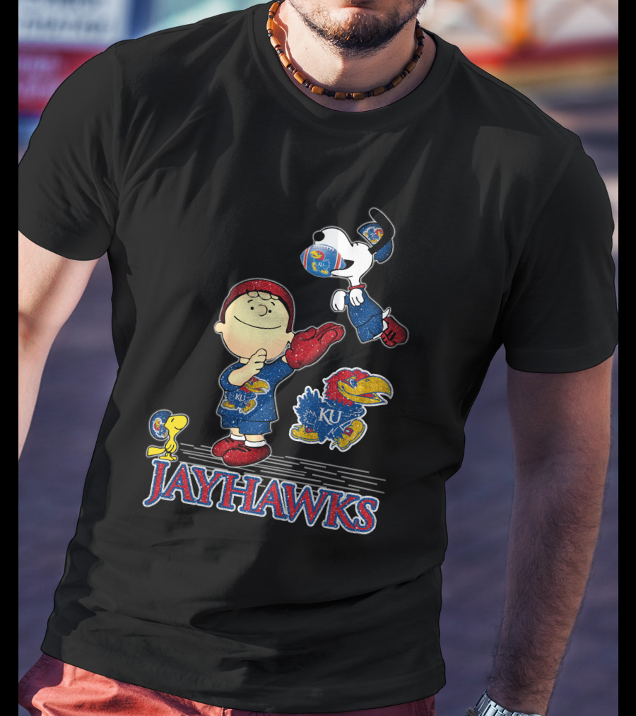 Snoopy Charlie Brown Woodstock Kansas Jayhawks KU Football T-Shirt