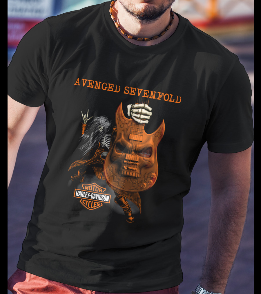 Avenged Sevenfold Harley Davidson Skeleton Guitar Imagery With Hand Sign T-Shirt