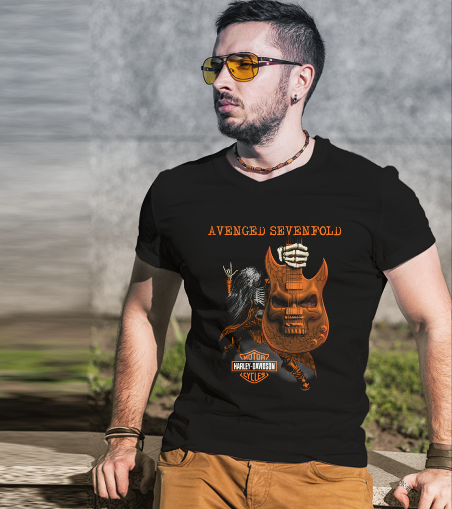 Avenged Sevenfold Harley Davidson Skeleton Guitar Imagery With Hand Sign T-Shirt