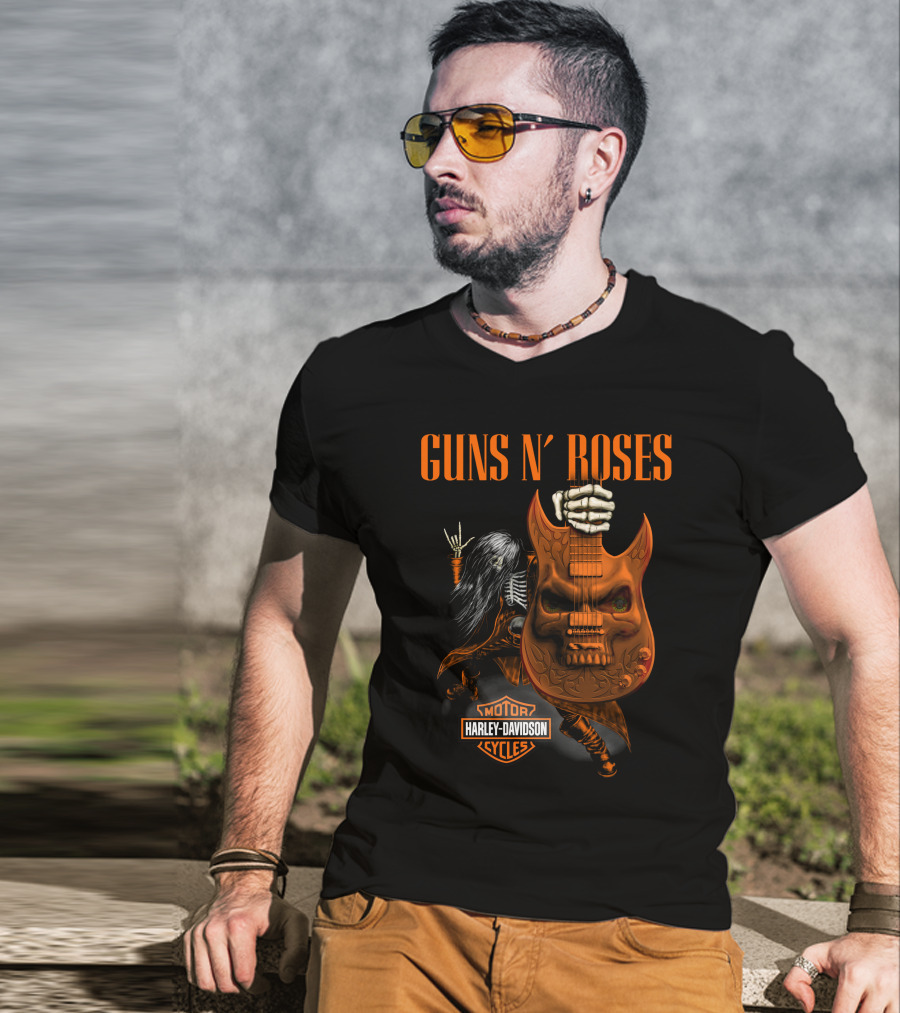 Guns N' Roses Harley Davidson Motor Cycles Skeleton Guitar Rocker T-Shirt