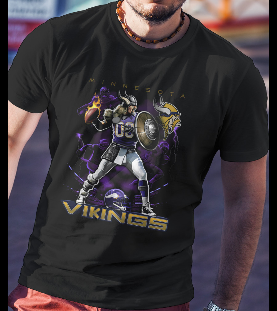Minnesota Vikings Warrior With Football And Viking Helmet T-Shirt