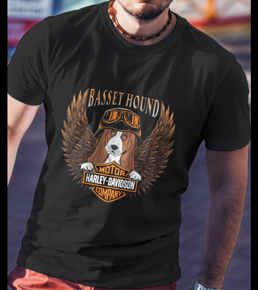 Basset Hound Harley Davidson Motor Company Winged Dog Helmet T-Shirt