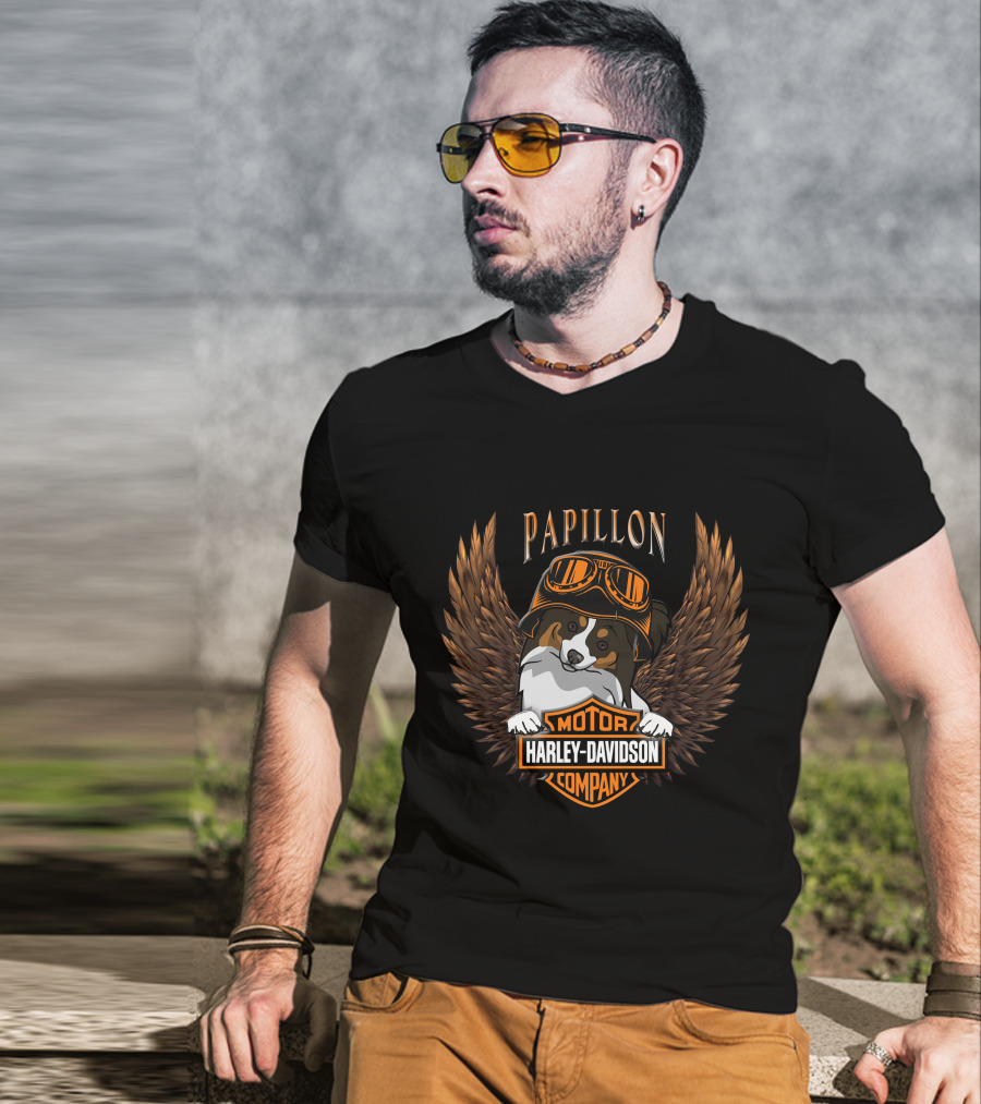 Papillon Harley Davidson Motor Company Wings Dog With Goggles T-Shirt