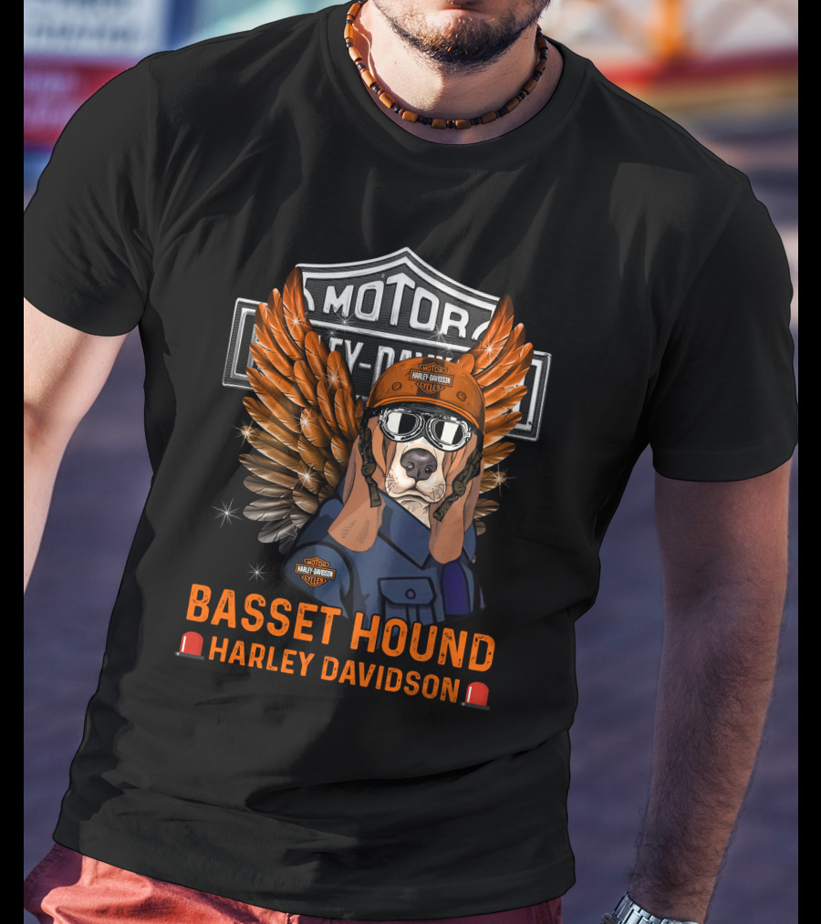 Basset Hound Harley Davidson Motorcycles Winged Helmet Riding Theme T-Shirt