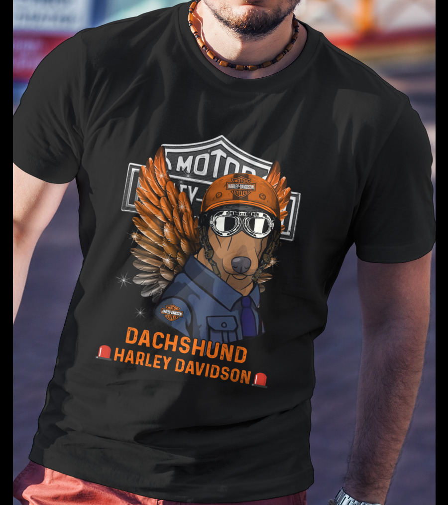 Dachshund Harley Davidson Motor City Dog Wings Helmet T-Shirt