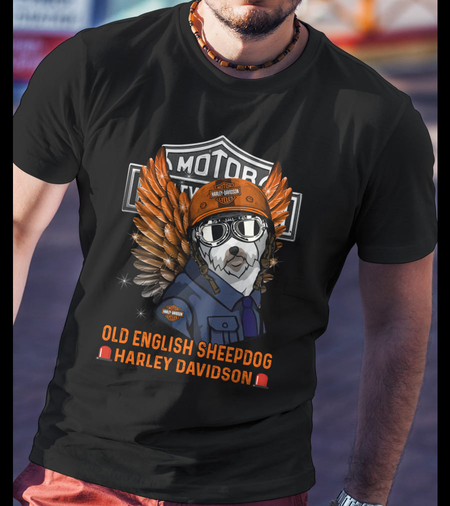 Old English Sheepdog Harley Davidson Wings Helmet Goggles T-Shirt
