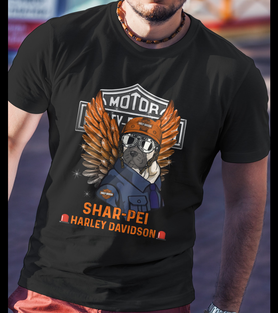 Shar-Pei Harley Davidson Motor Style With Wings And Helmet T-Shirt