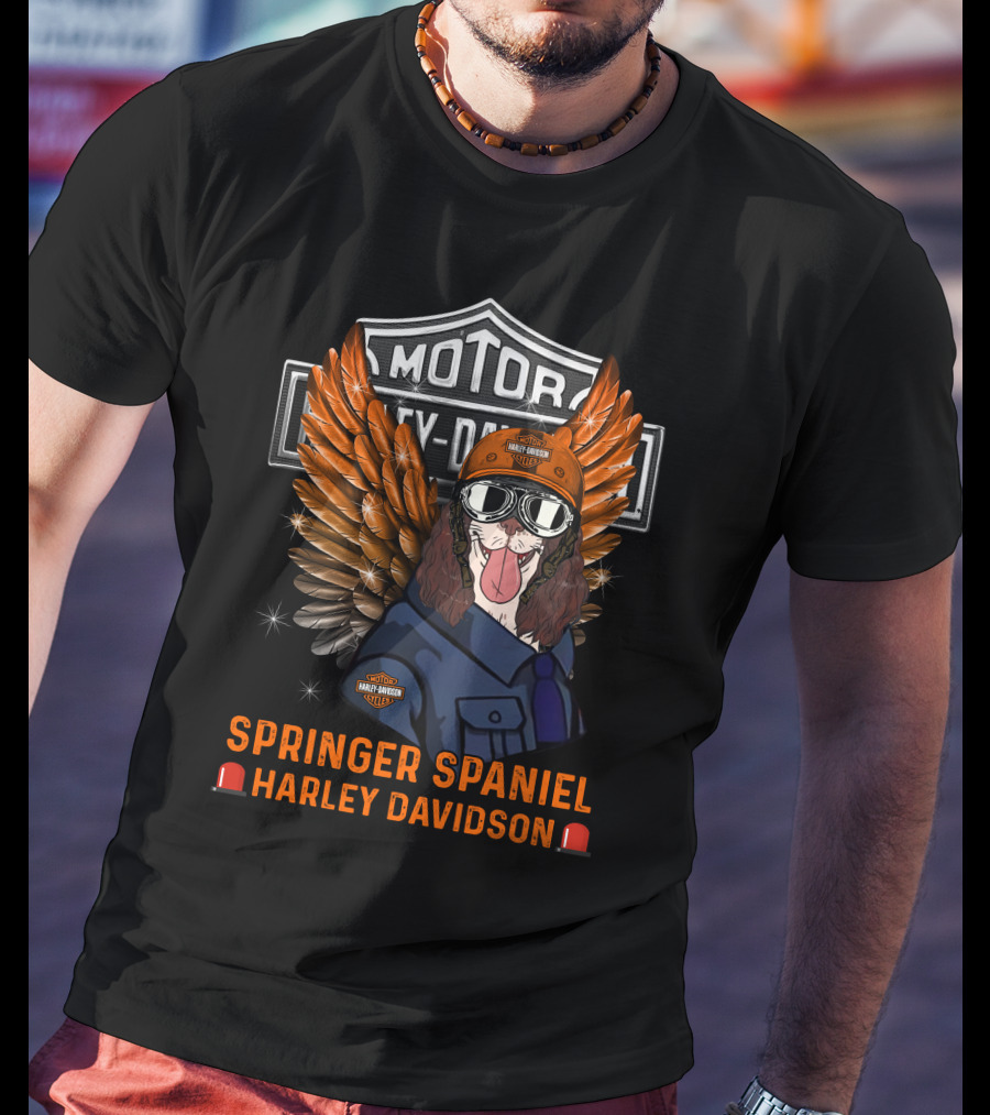 Springer Spaniel Harley Davidson Motor Safety Dog Wings Helmet Glasses T-Shirt