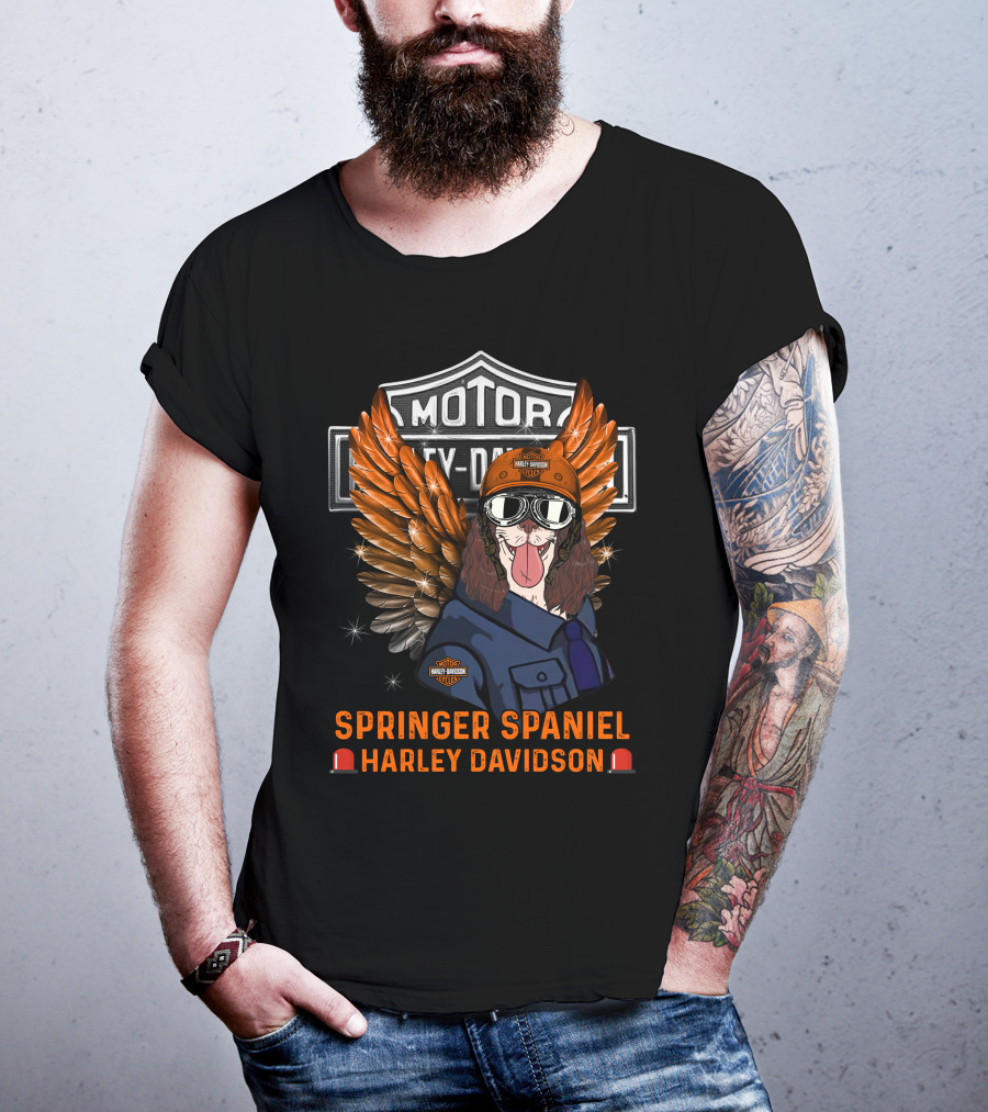 Springer Spaniel Harley Davidson Motor Safety Dog Wings Helmet Glasses T-Shirt