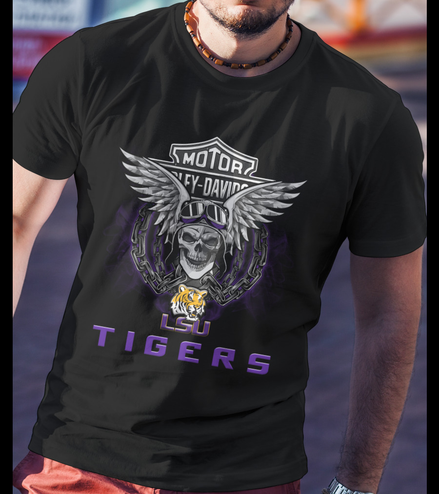 Lsu Tigers Harley Davidson Skull Wings Ncaa Football Fans T-Shirt