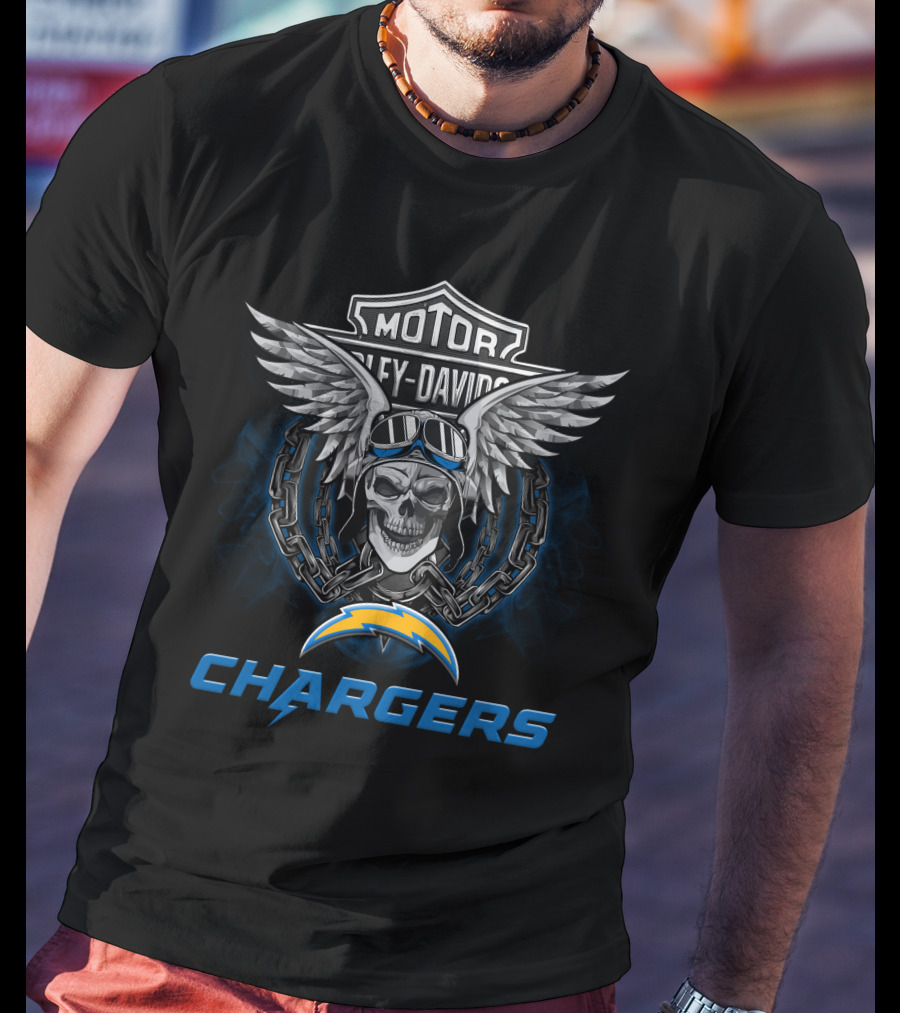 Hd Los Angeles Chargers Nfl Football Fans Harley Davidson Skull Wings T-Shirt