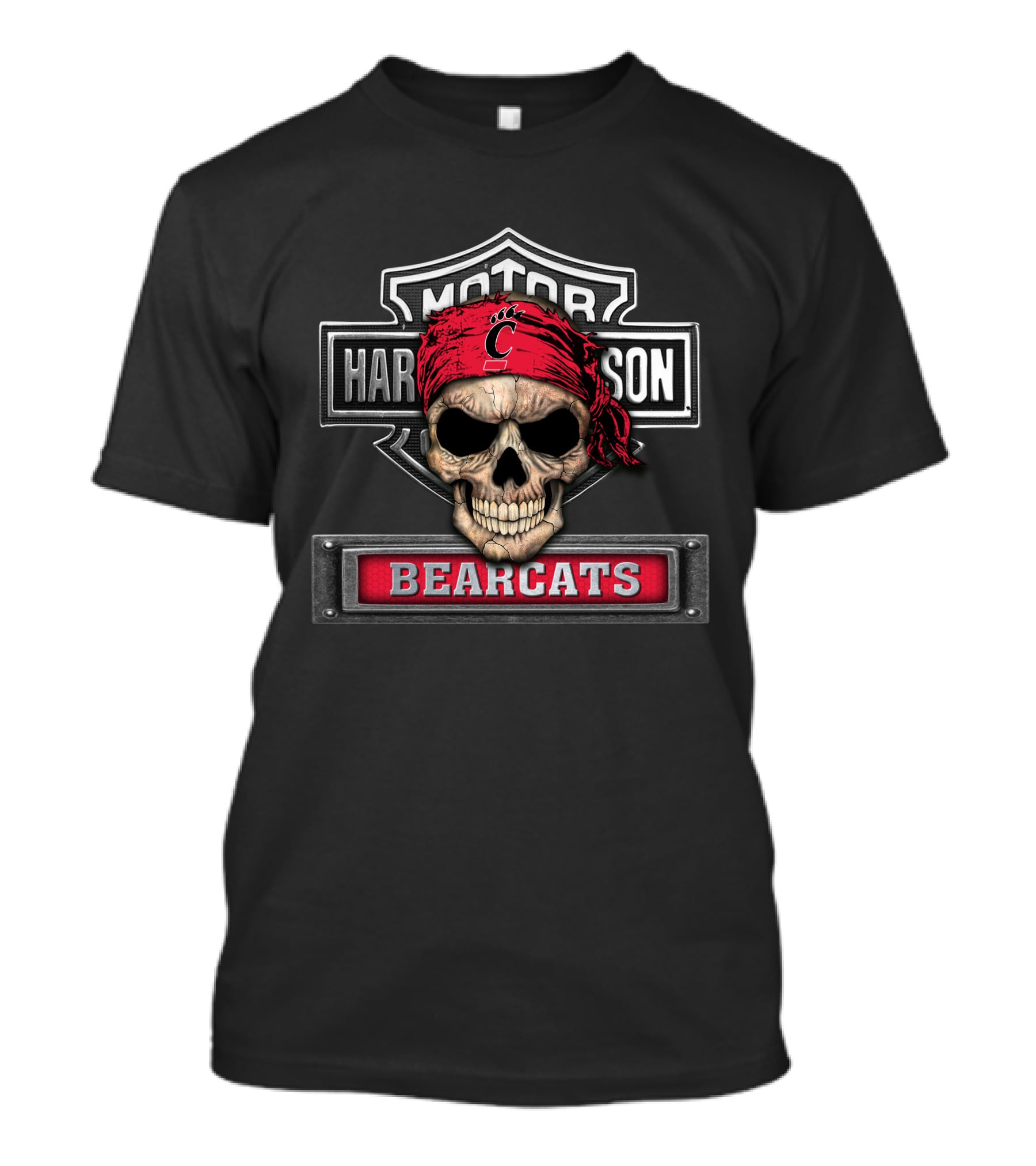 Hd Ncaa Cincinnati Bearcats Skull Logo With Red Bandana T-Shirt